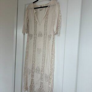 Figue Embroidered Lace Maxi Dress Sz XS Scalloped Trim  V-Neck Quarter Sleeves